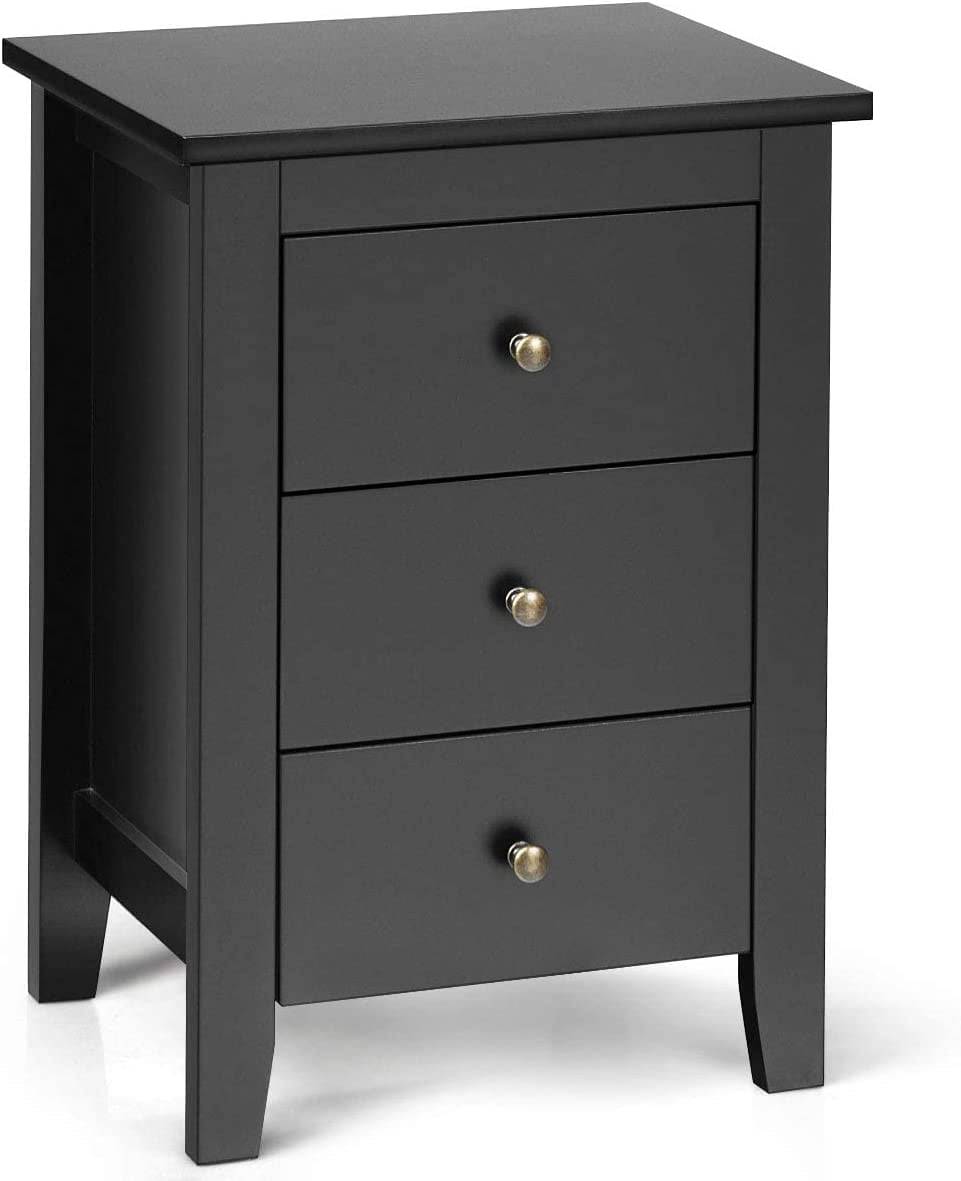 Nightstand with 3 Drawers, Wooden Side Table w/Solid Wood Legs