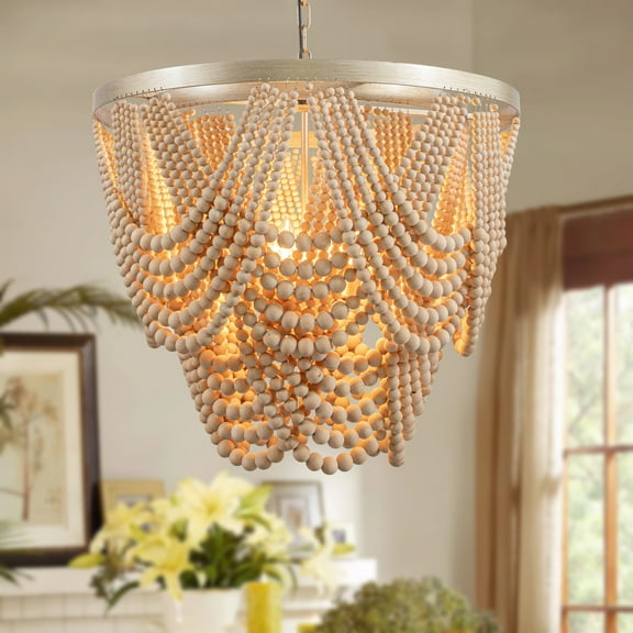 iMeshbean 25.5 inch Boho Chandelier Wood Beaded Chandelier Light Fixture Bohemia Draped Bead Rustic Farmhouse Ceiling Light Fixture for Dinning Room Bedroom Living Room