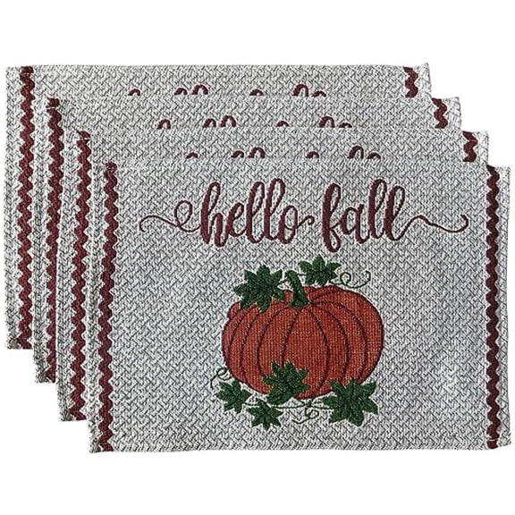 Set of 4, Harvest Fall Pumpkin with Leaves and Hello Fall Placemats Kitchen Dining Table Easy to Clean, Machine Washable Size: 13” x 19”.