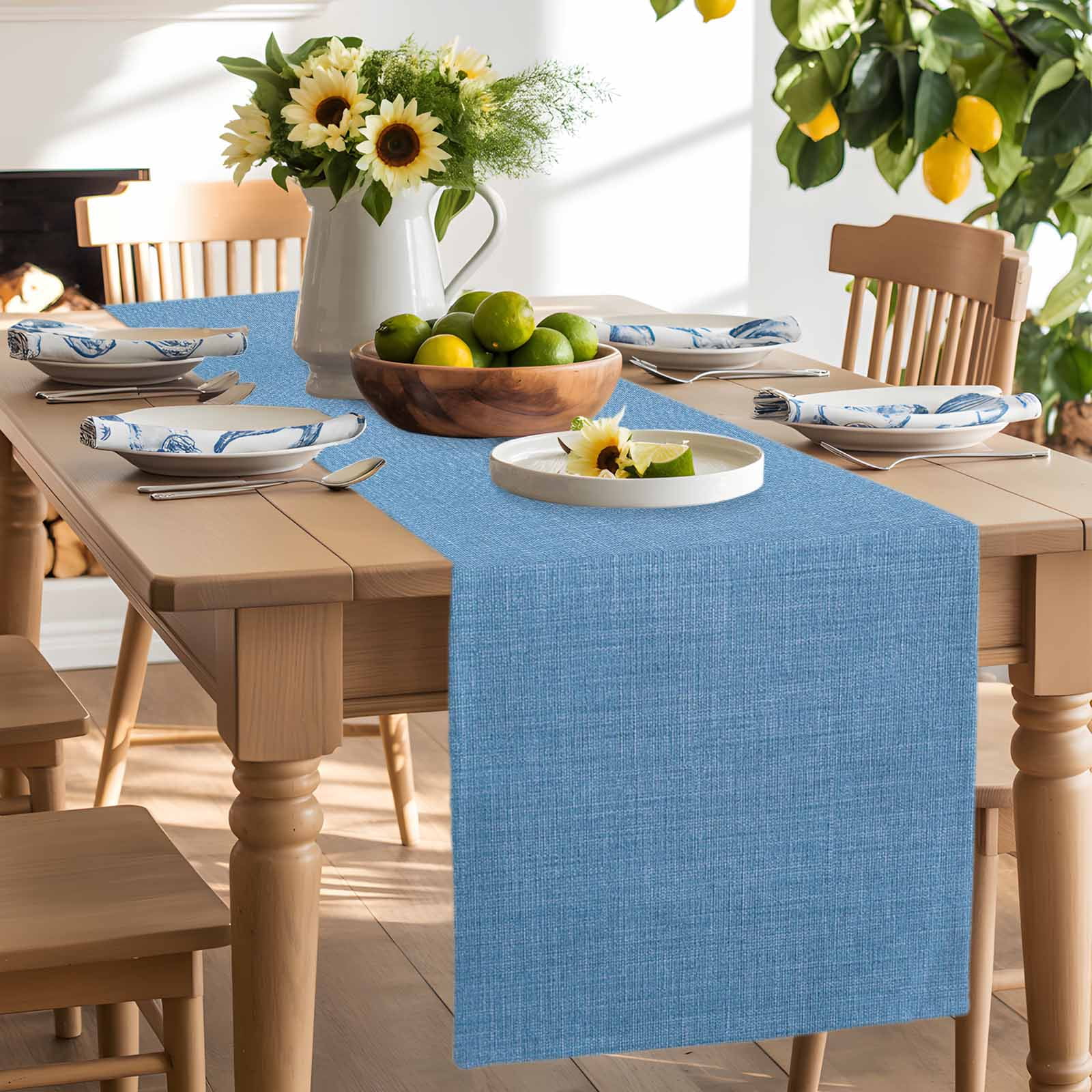 Table Runner 72 Inches Long for Kitchen Dining, Blue Dresser Scarf Farmhouse, Dining Table Decorations for Wedding/Parties, Farmhouse Burlap Solid Blue Color Modern Linen Texture 14 x 72 In