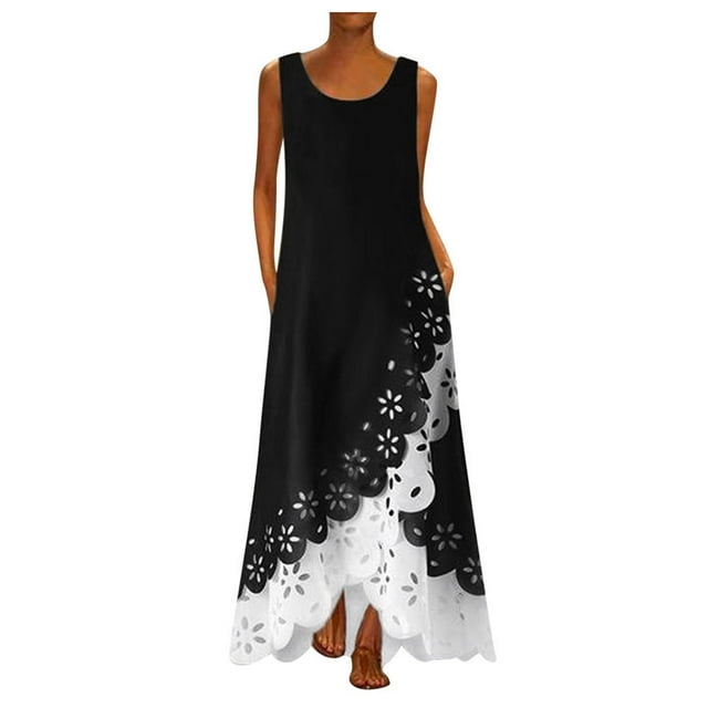 EGNMCR Robes d'Été Femmes Tendance 2024 Femmes Sans Manches Imprimé Col Rond Longue Robe Maxi Robe Chemise de Plage