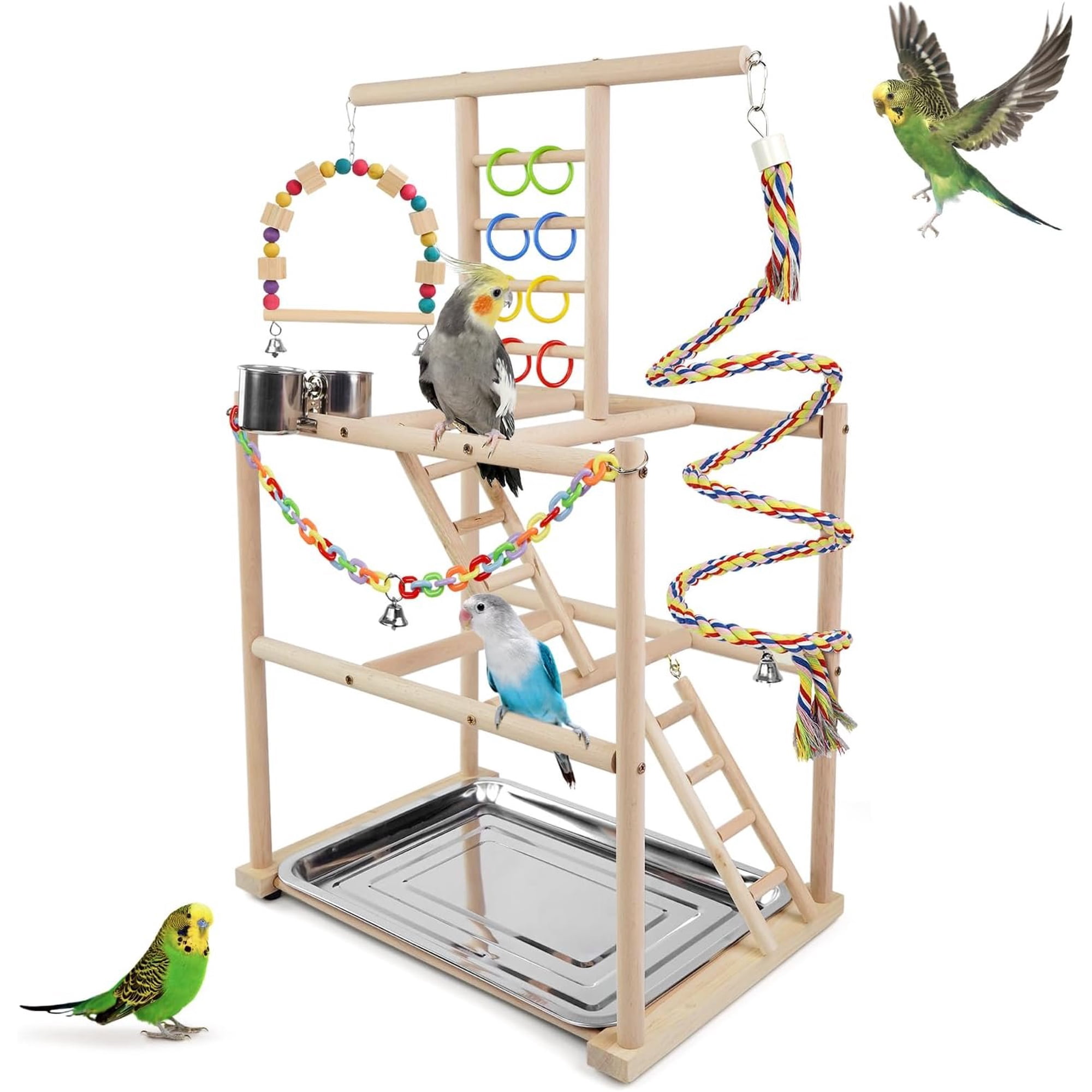 Bird Playground, Parrots Playstand for Small to Medium Birds, Perch Stand with 3 Ladders Playgym with Rope Perch, Swings Feeder Cups Bird Cage Accessories for Conure Cockatiel Lovebirds
