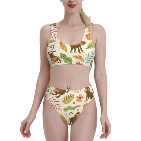Bixox Monkeys in the Jungle Pattern Two-Piece Sports Bikini with U-Shaped Top and High-Waist Bottom - Women s Swimwear with Removable Bra Pads