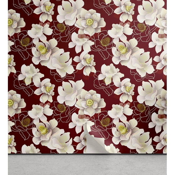 Ambesonne Floral Peel & Stick Wallpaper for Home, Magnolia Flowers Spring Art, 13"x36", Burgundy White and Yellow