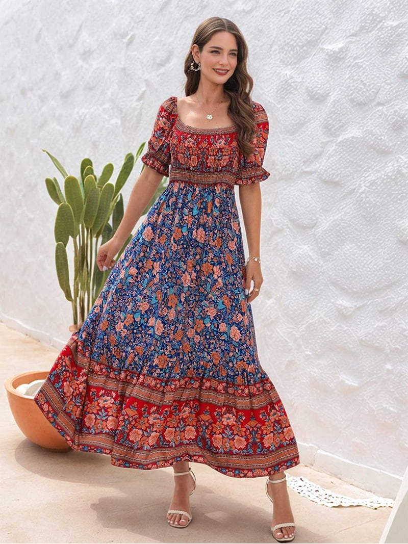 Women'S Summer Off Shoulder Boho Floral Print Tiered Casual Flowy Long Maxi  Dress Blue Bottom M - Walmart.com