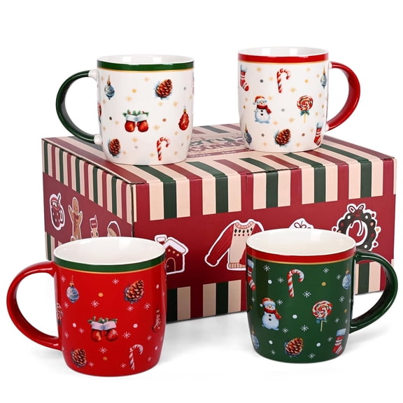 Futtumy Christmas Mugs, Christmas Mugs Set of 4, Ceramic Mug Christmas Gifts, Xmas Mug Decor, Birthday Gifts, Red Green White 11 fl oz Coffee Mugs