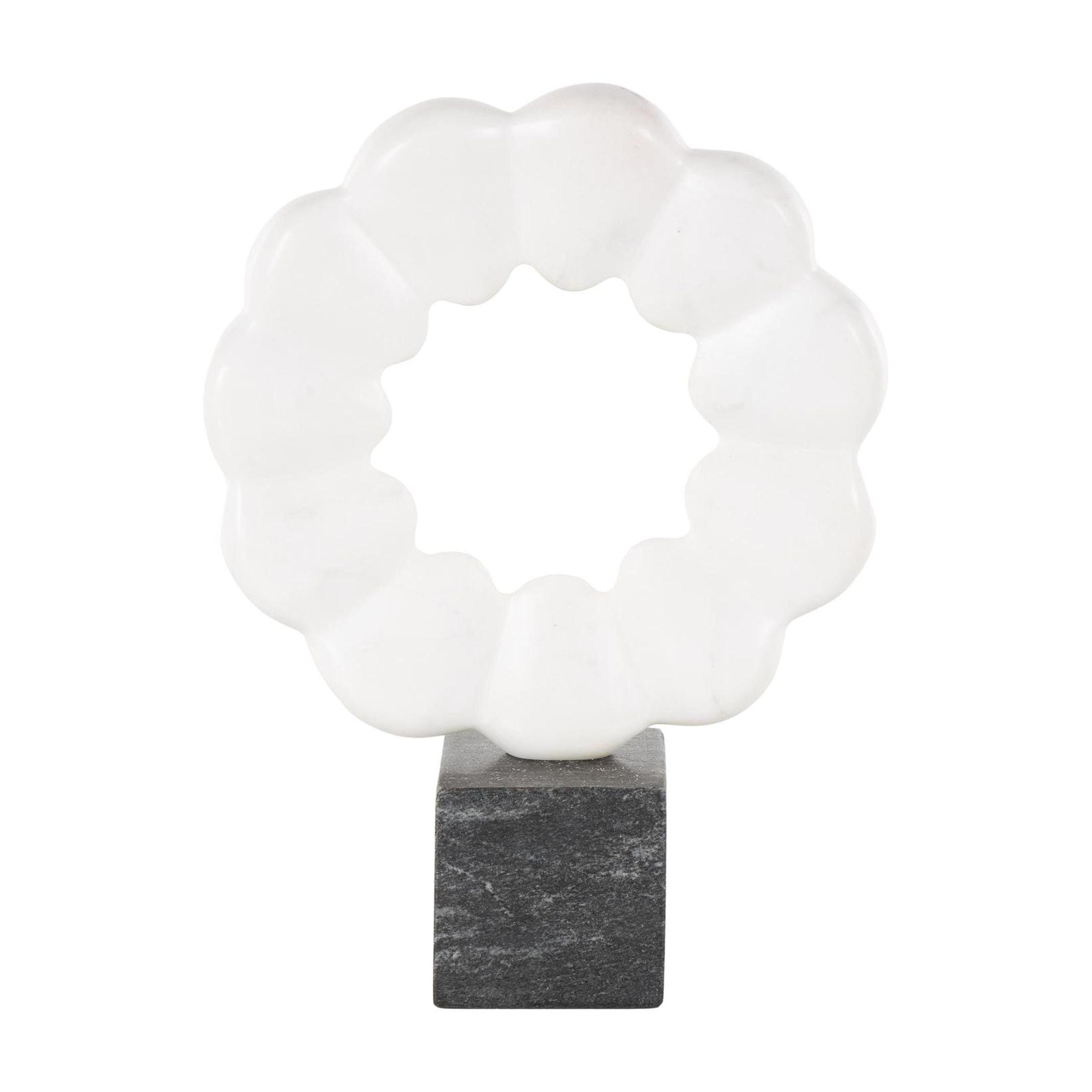 9" x 12" White Marble Floral Inspired Ring Geometric Sculpture with Black Block Base, by DecMode
