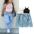 thumbnail image 4 of Douhoow 2 Pcs Toddler Girl Casual Outfits Short Letter Print Halter Tank Top Ripped Jeans, 4 of 8