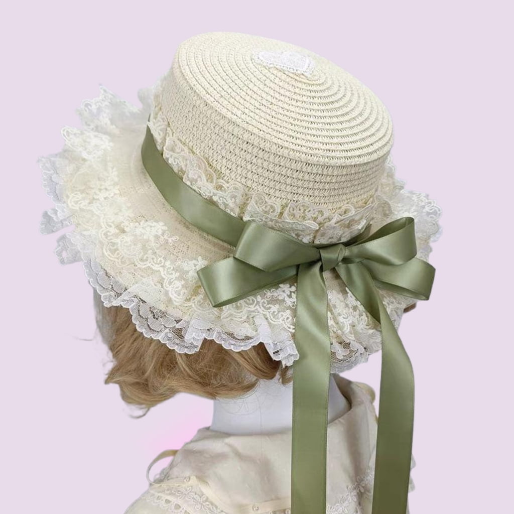 TIERPOP Breathable Straw Bonnet Hat Comfortable Victorian Theme Event Hat With Lace Trim and Bowknot For Cosplay Gatherings