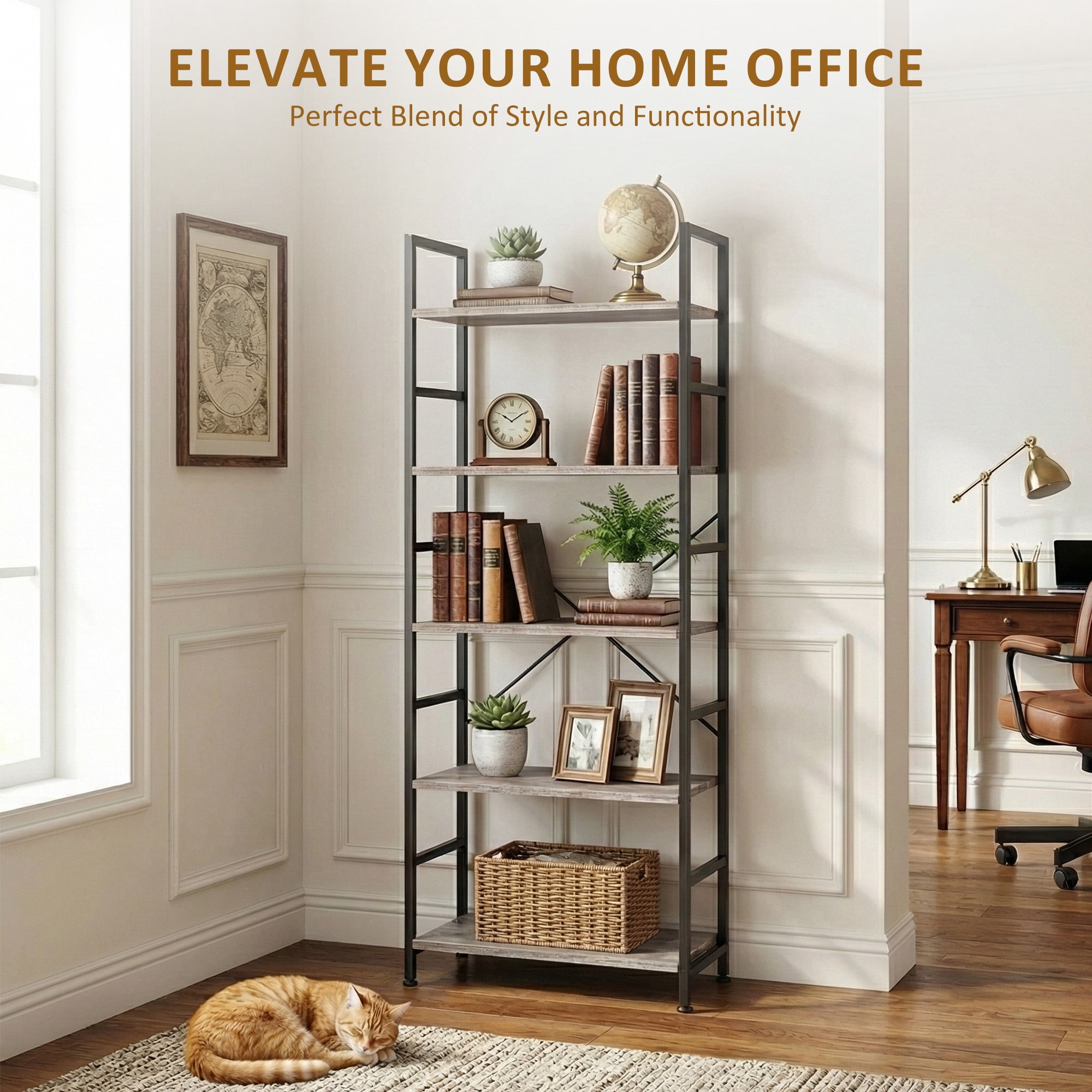 Atilioo 5 Tiers Bookcase, Heavy Durty Bookshelf Storage Organizer, Tall Display Shelves for Bedroom, Living Room, Gray