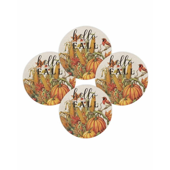 Fall Round Placemats Set of 4 Robin Bird Maple Leaf Place Mats Thanksgiving Woven Placemat Pumpkin Corn Circle Braided Table Mat for Kitchen Dining Table Autumn Party Home Decor 15 Inch
