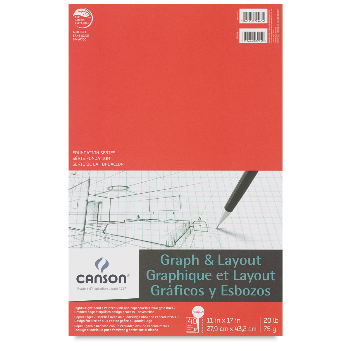 Canson Foundation Graph Pad - 11" x 17", 4" x 4" Grid, 40 Sheets