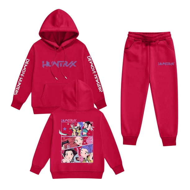 Pop cazadora para niña Demon Hunters Printed Anime Print Long-Sleeved Hooded Sweatshirt Set for Children 3-16 Years (Red)