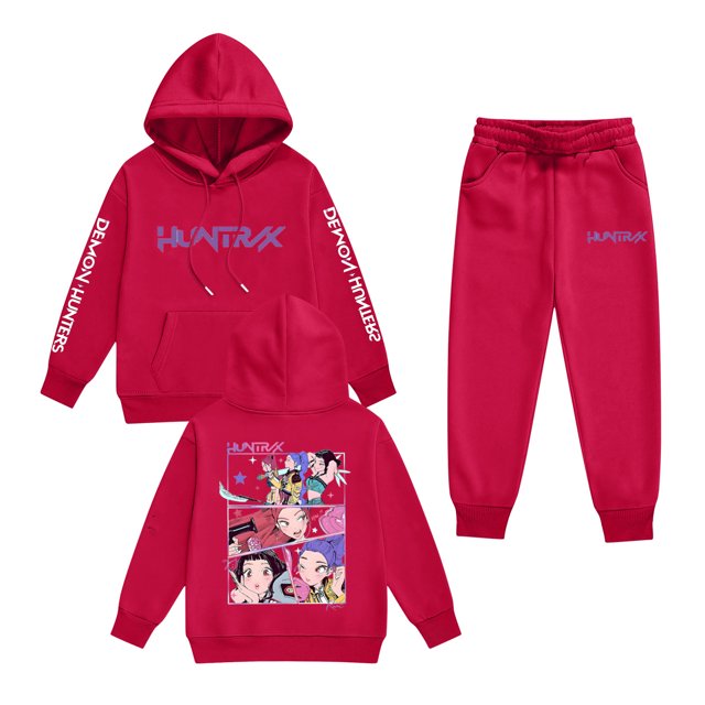 Pop cazadora para niña Demon Hunters Printed Anime Print Long-Sleeved Hooded Sweatshirt Set for Children 3-16 Years (Red)