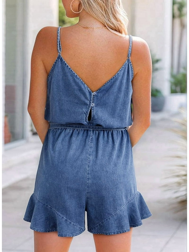 Womens Vintage Denim Rompers Summer Distressed Spaghetti Strap V