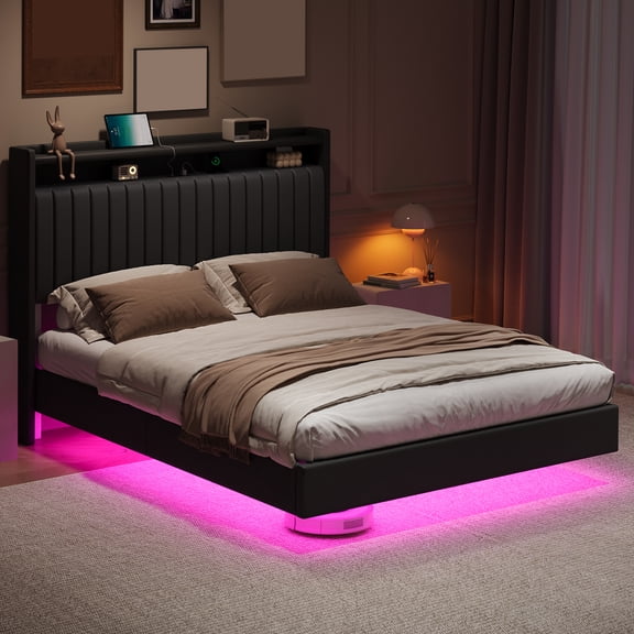 ChaoLink Queen Bed Frame with Upholstered Headboard, Metal Platform Bed with USB Charging Station & Storage, Floating Bed Frame with Romantic LED Lights, Easy Assembly, No Box Spring Needed