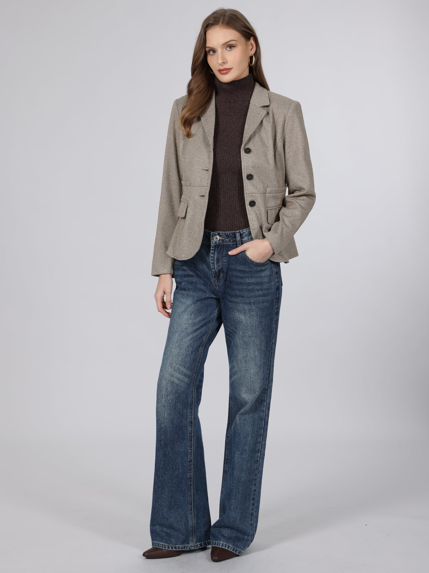DARING DIVA Women's Herringbone Blazer Lapel Collar Suit Jacket S Khaki