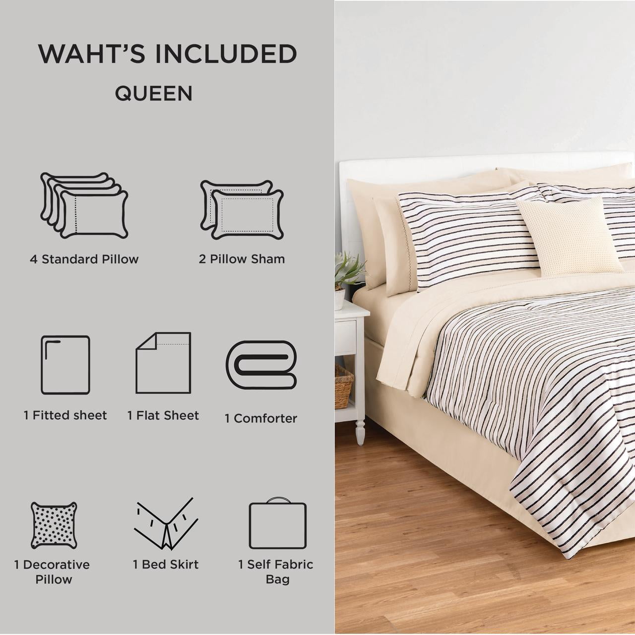 Mainstays Soft Touch Bed in a Bag 11-Piece Reversible Tan & Black Striped Comforter Set with Sheets, Queen