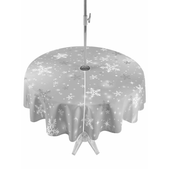 Outdoor Tablecloth with Umbrella Hole and Zipper, Grey Snowflake Christmas Round Table Cloth 54 Inch Waterproof Tablecloth, Winter Xmas Snowflake Gray Modern Art Picnic Table Cover for Patio Camping
