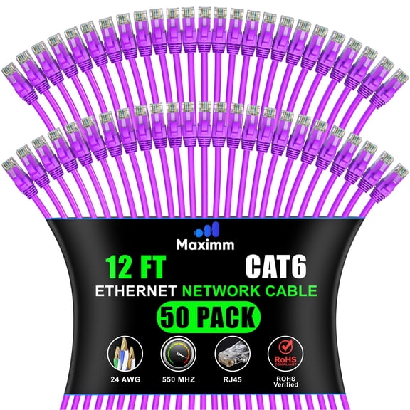 Maximm Cat 6 Ethernet Cable - 12 ft (50-Pack), High-Speed LAN, Internet, Patch, and Network Cable - UTP, 10Gbps, 550MHz Ethernet Cord - Purple