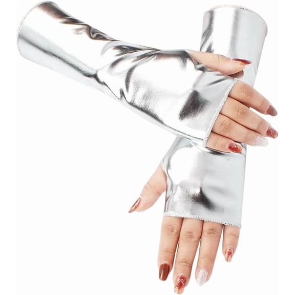 Silver Shiny Metallic Fingerless Gloves Short PU Leather Arm Sleeves Stretchy Gothic Punk Half Palm Dress Up Rock Stage Gloves Arm Warmer for Women Girls Costume Party Cosplay 1pair