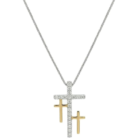 Zephyriana Two-Tone Triple Cross Pendant Necklace for Women - Gold and Silver Layered Cubic Zirconia Dainty Religious Christian Faith Jewelry for Daily Wear