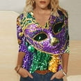 thumbnail image 2 of snilers Oversized Womens Mardi Gras T Shirts 3/4 Sleeve V Neck Pullover Trendy Casual Funny Mask Graphic Printed Tunic Tops, 2 of 4