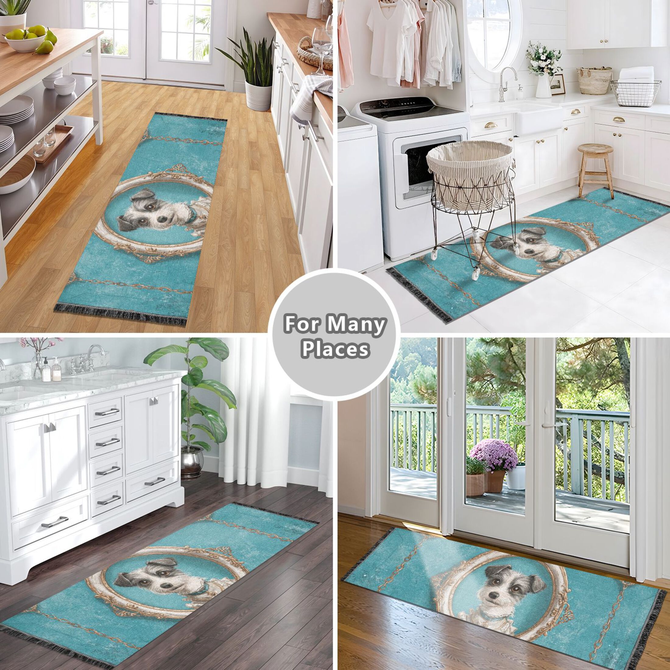 Bedroom Hallway Indoor Outdoor Mat With Rubber Backing Runner Rug Long Portrait Frames and Gold Chains