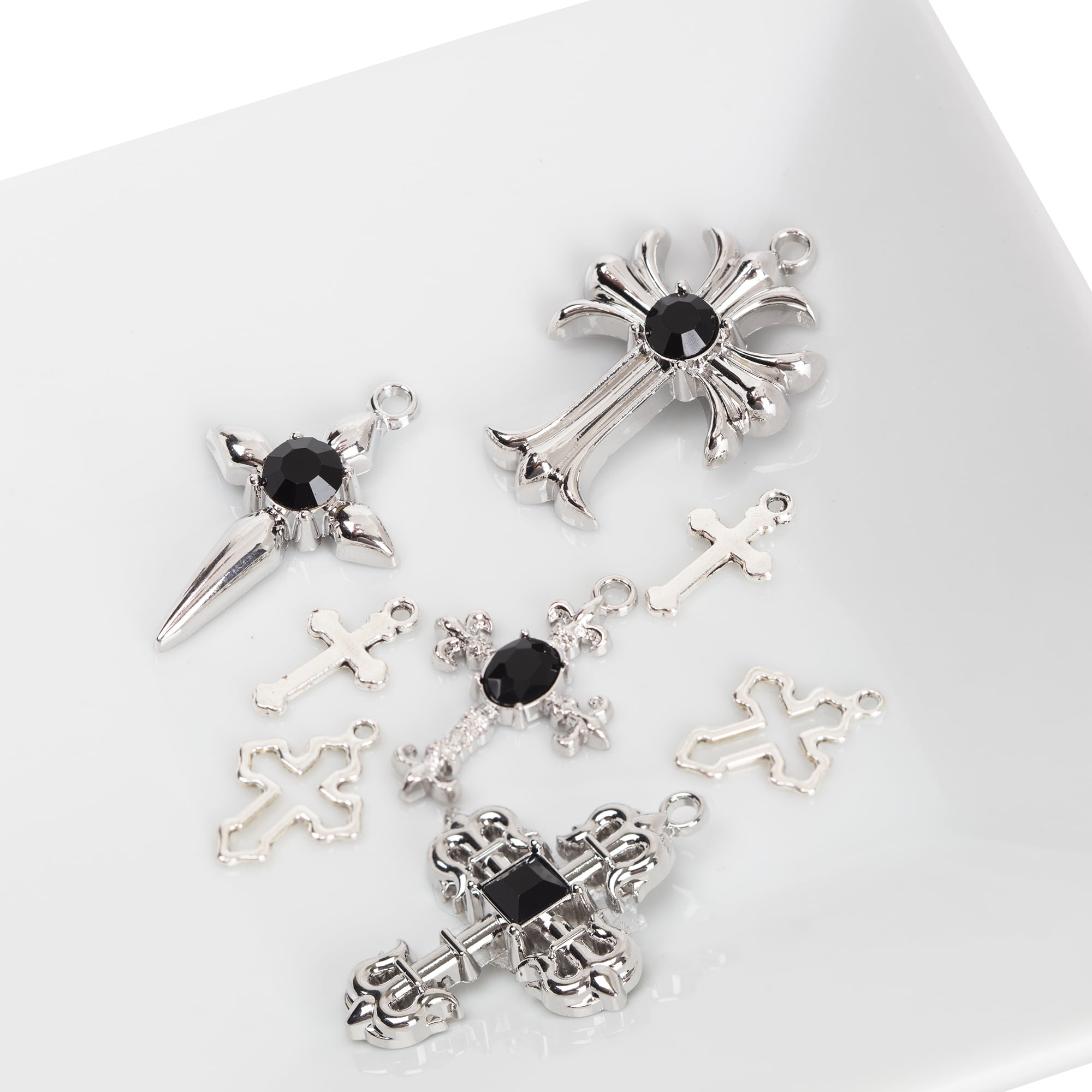 (2 pack) Cousin DIY Silver Cross Charms with Black Stones, 8 Piece, Adult, Unisex, Model 69995696
