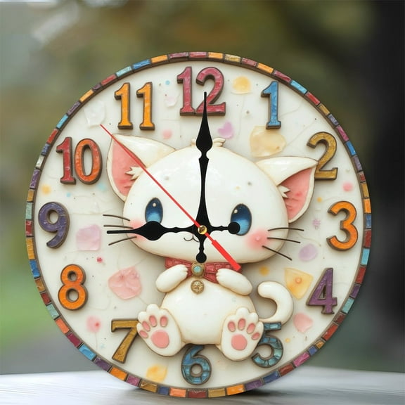 Cute Cat Wall Clock Creative Home Decor 10-Inch Silent Wooden Wall Clock, Battery Operated (AA Batteries Not Included), Artistic Home Decor