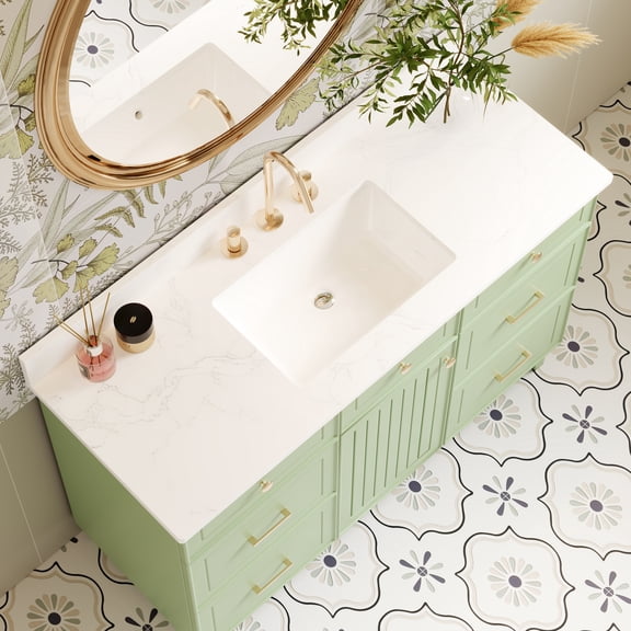 DodreHome Vanity Top with Sink, Quartz Stone White 48" Under-Mounted Sink Bathroom Vanity Top & Backsplash, Three Holes Countertops for Bathroom