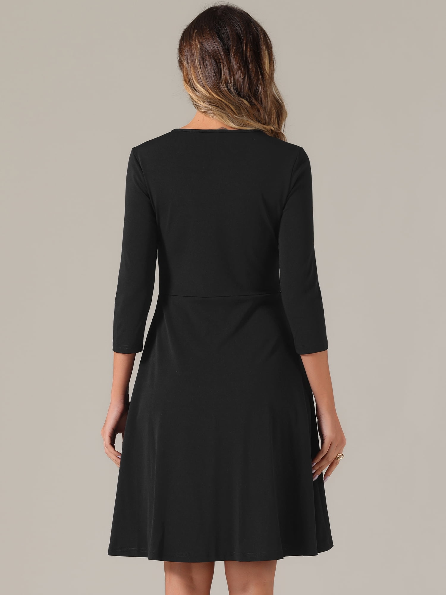 DARING DIVA Pleated Keyhole Neck A-Line 3/4 Sleeve Dress M Black