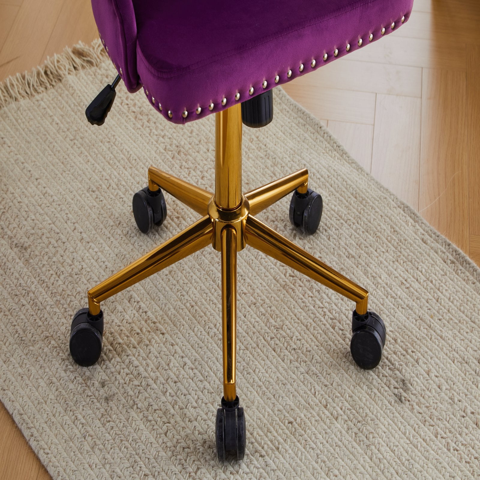UBesGoo Armless Office Chair Flannel Computer Task Chair Adjustable Swivel Vanity Chair with Ergonomic Backrests and Wheels for Conference and Home Purple & Gold