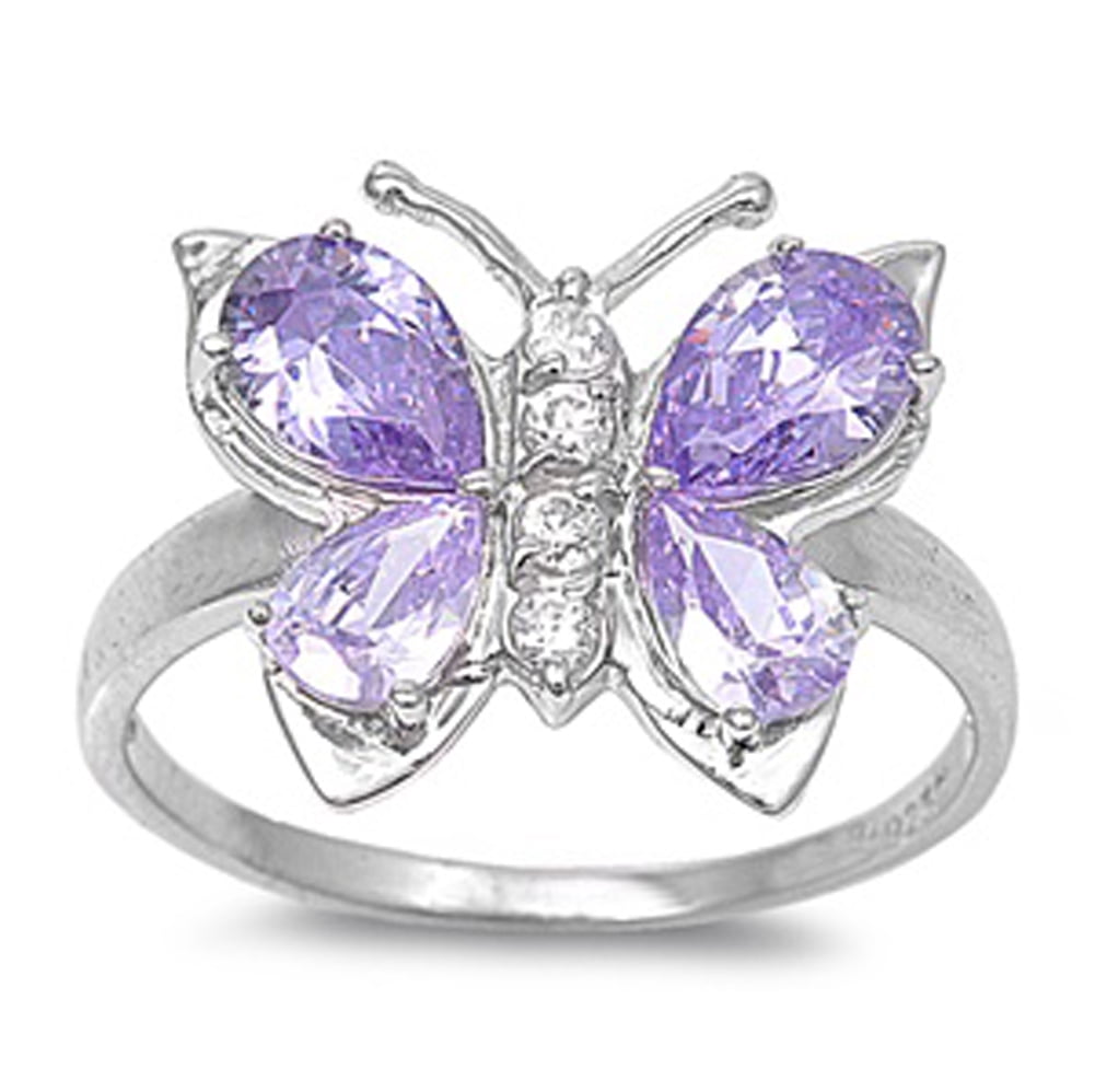 CHOOSE YOUR COLOR Sterling Silver Women's Simulated Amethyst Butterfly