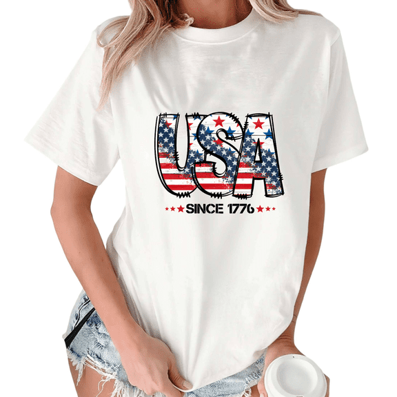 Giffimy Women's USA Since 1776 Distressed Flag Graphic Short Sleeve T-Shirt White S-5XL Relaxed Fit Cotton Top