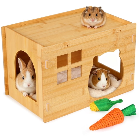 Bamboo Small Animal Hideout, Ventilated Guinea pig House with Multiple Doors and Window for Hamster, Chinchilla, Hedgehog, Bunny