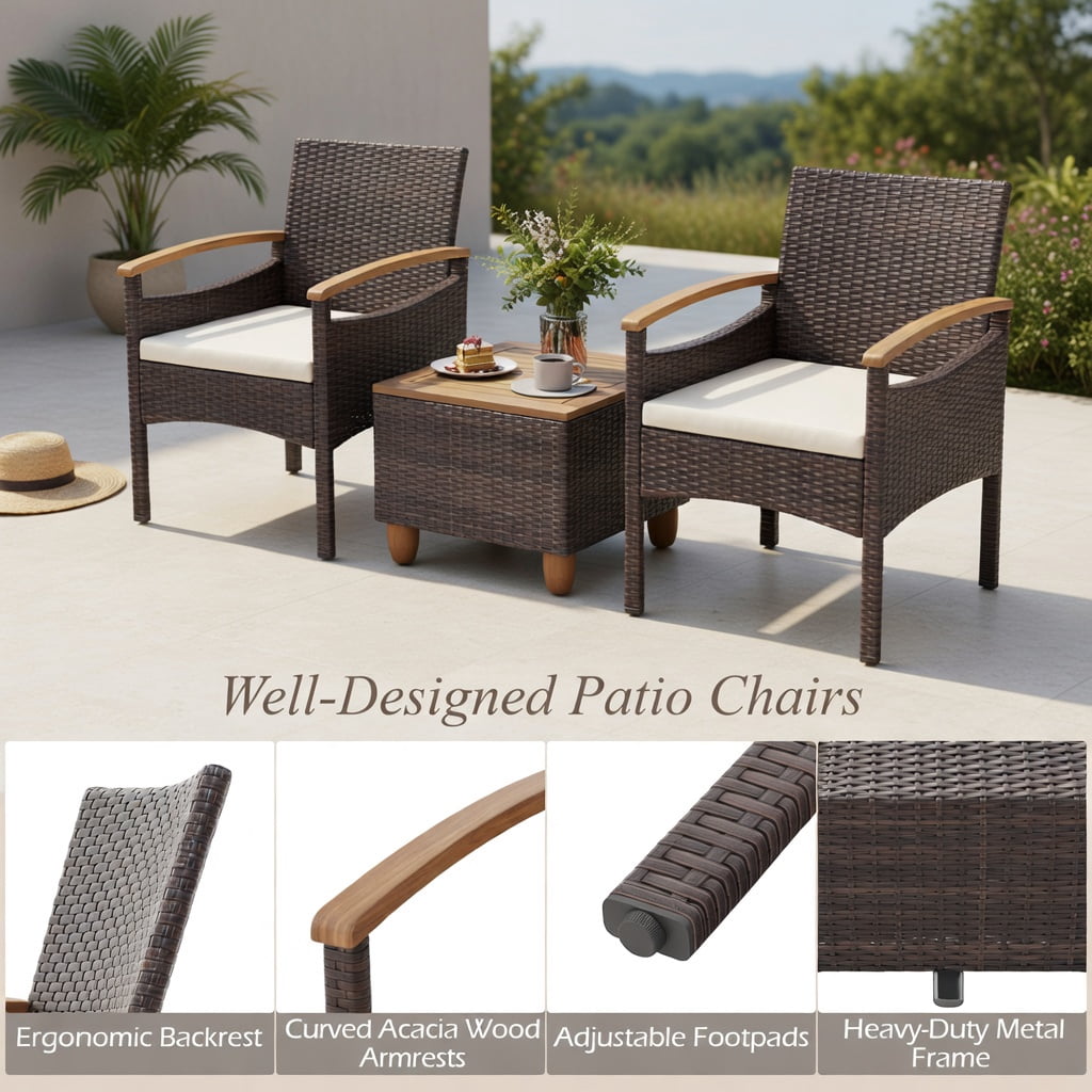 Hommoo Acacia Wood & PE Rattan Patio Dining Chairs Set of 2, Heavy-Duty Metal Frame, Ergonomic Design for Backyard, Poolside & Balcony, Off-White
