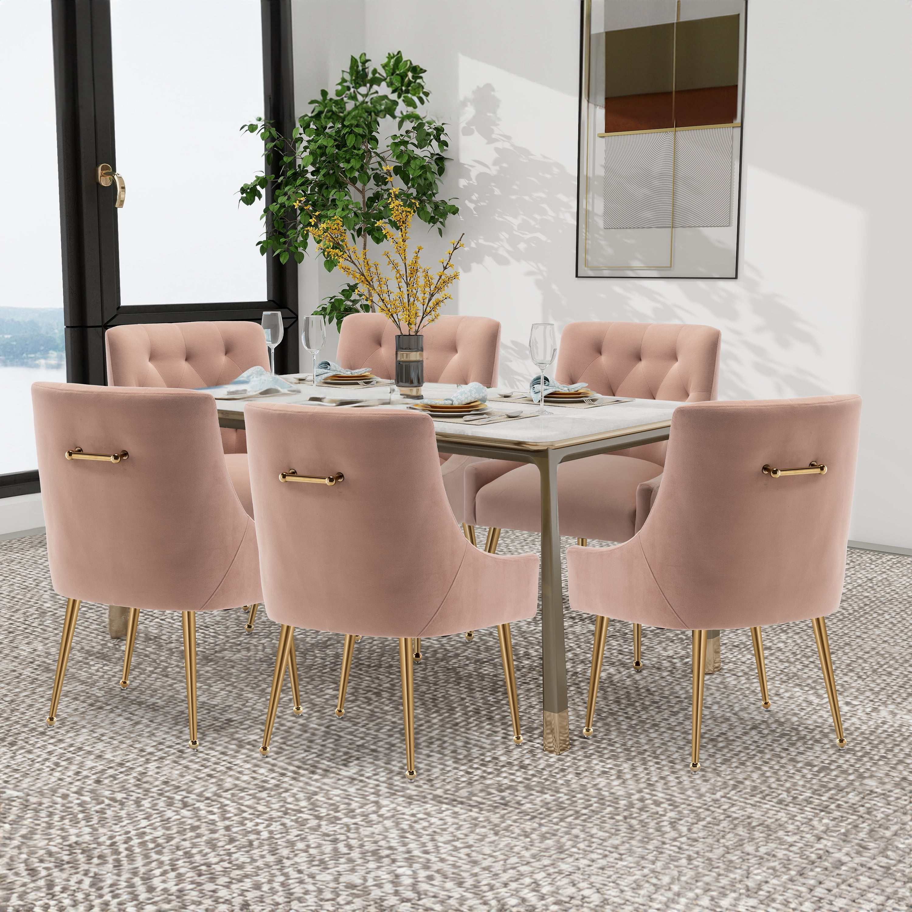 SEYNAR Elegant Tufted Upholstered Dining Chairs Set of 6, Velvet Accent Chair for Dining Room(Pink)