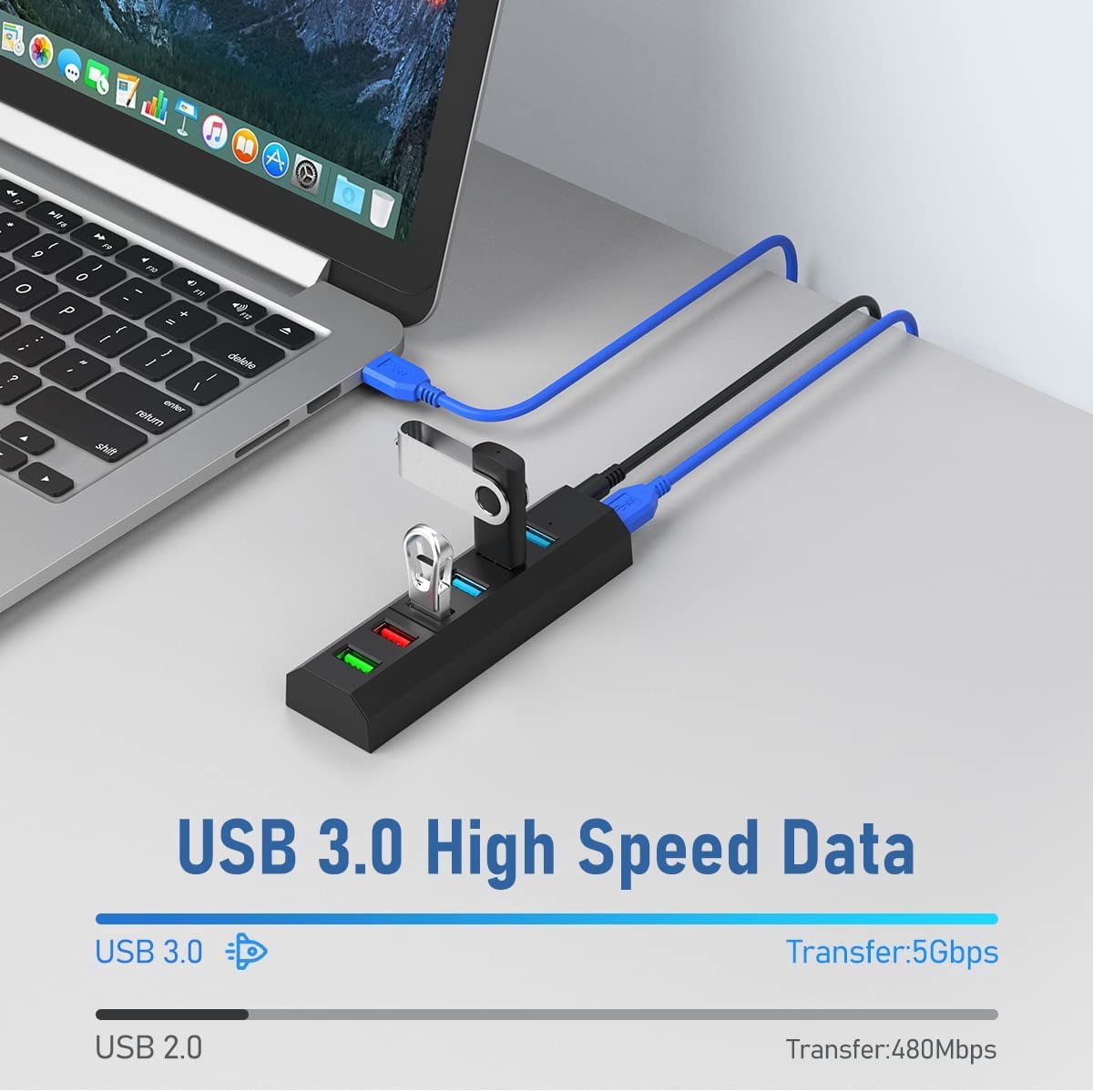 HRTGFD-USB Hub, 6 Ports Super High Speed USB 3.0 Hub Splitter + 24W Power Adapter + USB 3.0 Cable, Black Smart Fast Charger Powered USB Hub for Laptop, Mac, PC, Mobile HDD, Mulitple Devices
