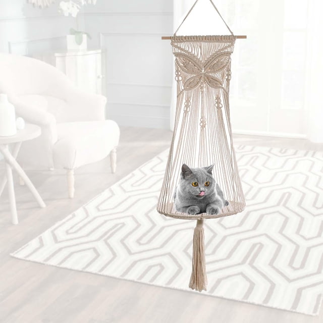 Macrame Gato Hamaca Longitud 45in Decorativo Beige Tejido a mano Borla Regalos Algodón Cuerda Cesta Nido Gato Jaula para pared Interior Jardín al aire Colco Hamaca para gatos