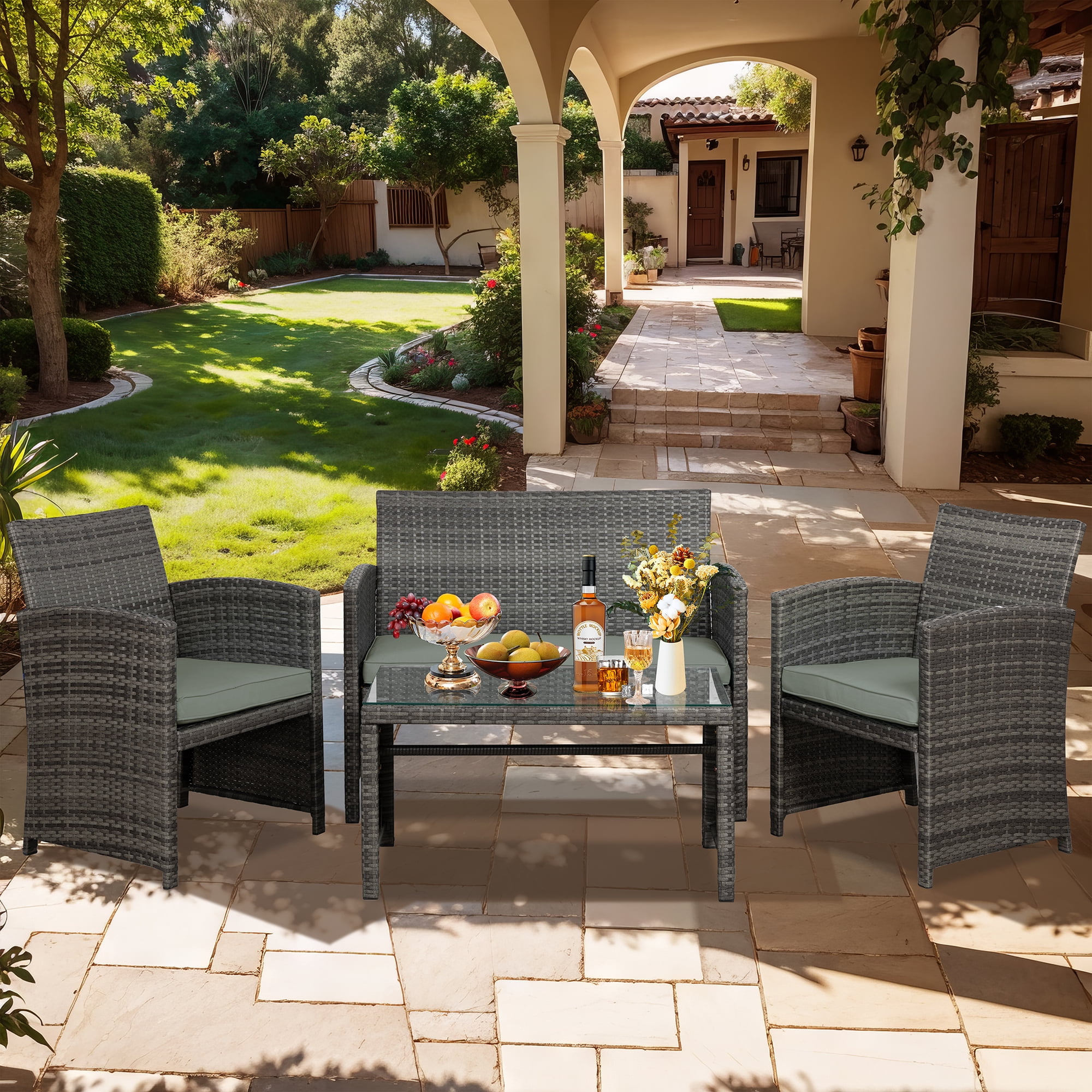 Walsunny 4-Piece Patio Rattan Furniture Set with Cushions & Tempered Glass Tabletop, Gray
