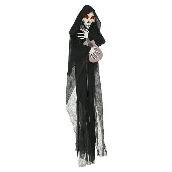 Animatronic Grim Reaper Halloween Decoration - 4.3' Sound & Touch Activated Prop with Light Up Eyes & Guitar Music - Spooky Outdoor/Indoor Halloween Decor Black   Polyester