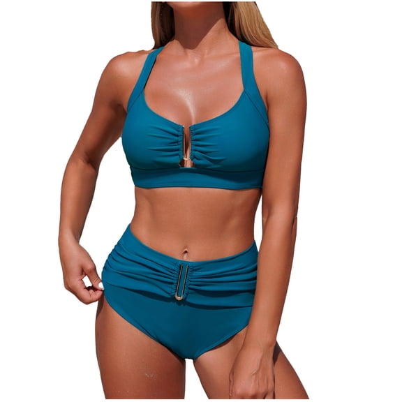 Erwazi Women's Halter Cutout Bikini Set Solid Padded Wireless High Waisted Ruched 2 Piece Bathing Suit