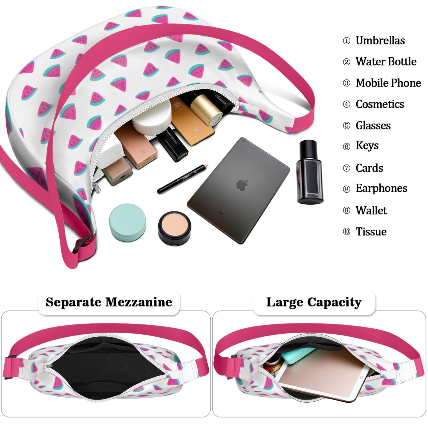 Fresh Watermelon Geometric Print Crossbody Handbag for Women, Lightweight Tropical Fruit Shoulder Tote, Water-Resistant Summer Beach Party Hobo Purse