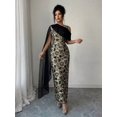 thumbnail image 5 of Black Womens Textured Golden Floral Jacquard Maxi Dress With Chiffon Shawl, One-Shoulder Elegant Evening Gown, 5 of 8