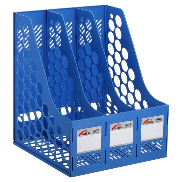 Unique Bargains Magazine File Holder, PS Plastic Vertical 3 Compartment Desktop Book Storage Rack Organizer, Blue
