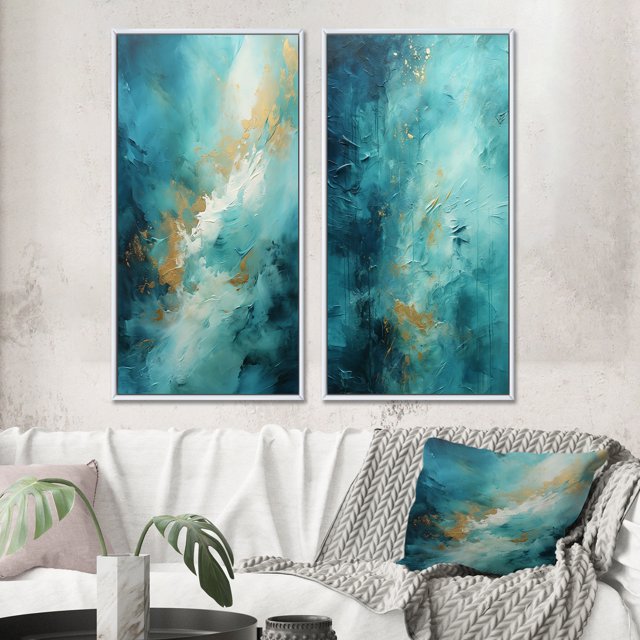 Designart "Turquoise Calm II" Abstract Landscapes Framed Wall Art Set Of 2 - Teal Landscapes Gallery Wall Frame Set For Home Decor