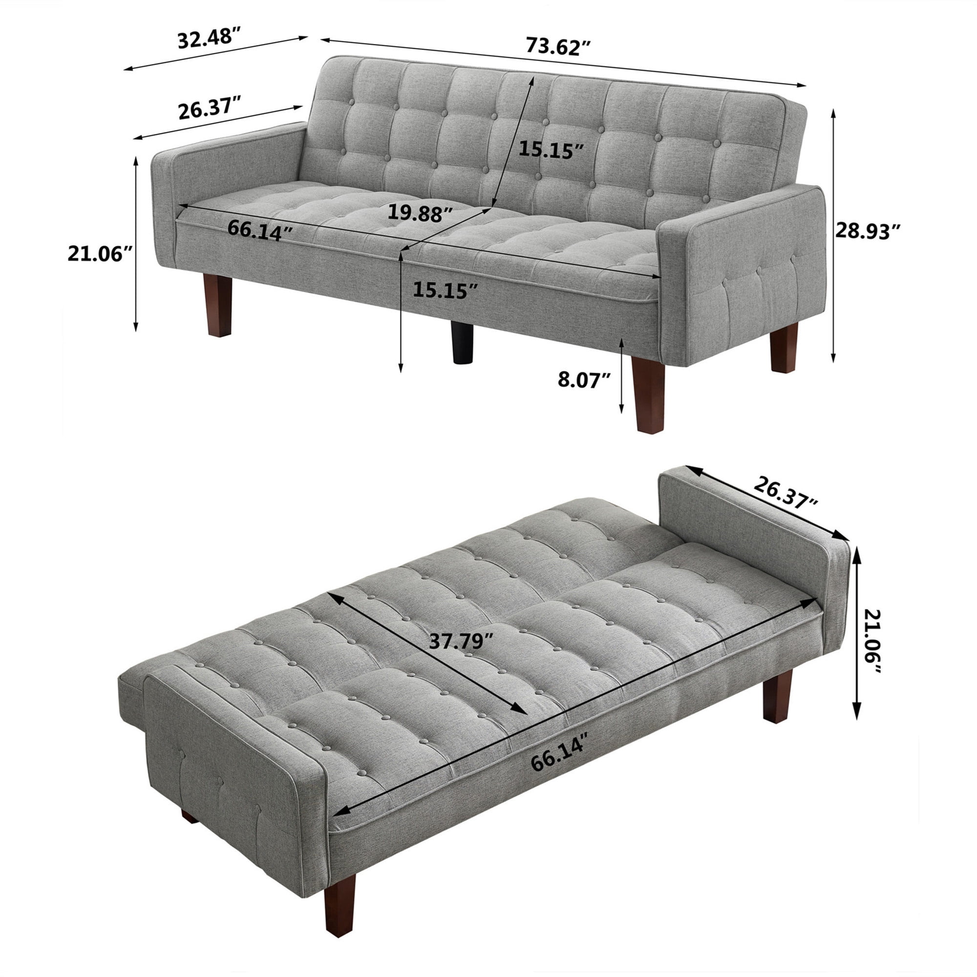 Aukfa 74" Square Arm Futon Convertible Sofa Bed for Home Office, Button-Tufted Back, Gray