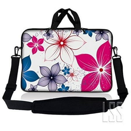 LSS 15.6 inch Laptop Sleeve Bag Compatible with Acer, Asus, Dell, HP, Sony, MacBook Carrying Case w/ Handle & Adjustable Strap - White Pink Blue Flower Leaves