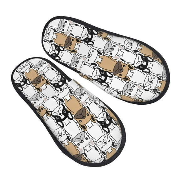 KLL French Bulldog 2 Slippers for Women Men House Slip on Indoor Outdoor Bedroom Furry Fleece Lined Ladies Comfy Anti-Skid Rubber Hard Sole-Medium